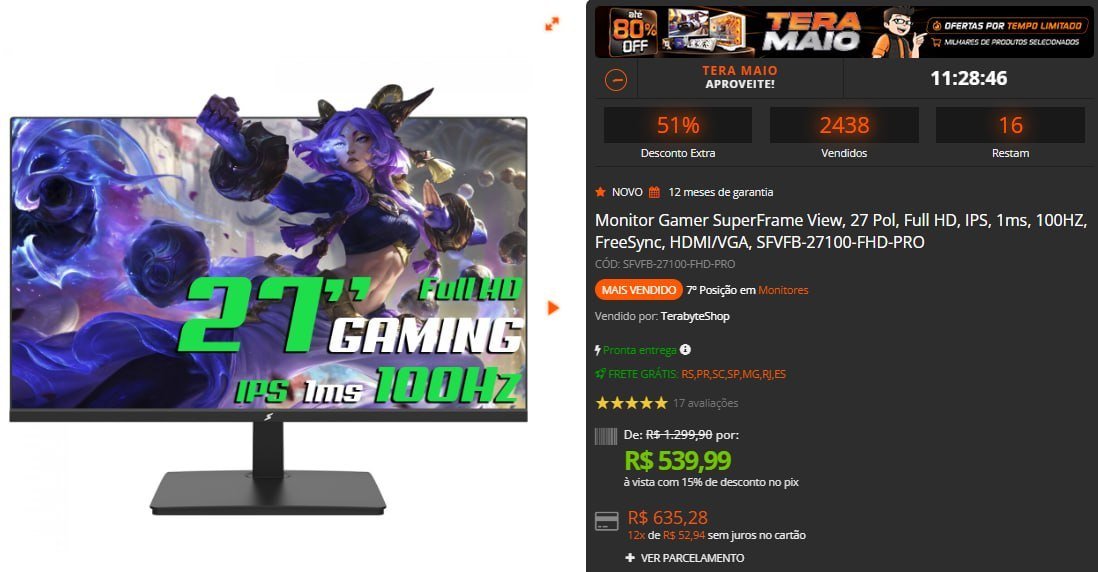 Monitor Gamer Superframe View 27 Pol Full Hd Ips 1Ms 100Hz Freesync Hdmivga Sfvfb 27100 Fhd Pro 🛒