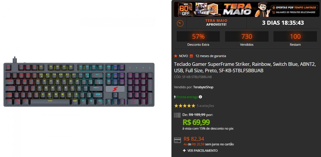Teclado Gamer SuperFrame Striker, Rainbow, Switch Blue, ABNT2 🛒