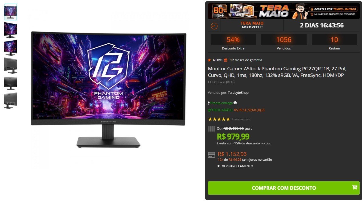 Monitor Gamer ASRock Phantom Gaming PG27QRT1B 27 Pol Curvo QHD 1ms 180hz 🛒