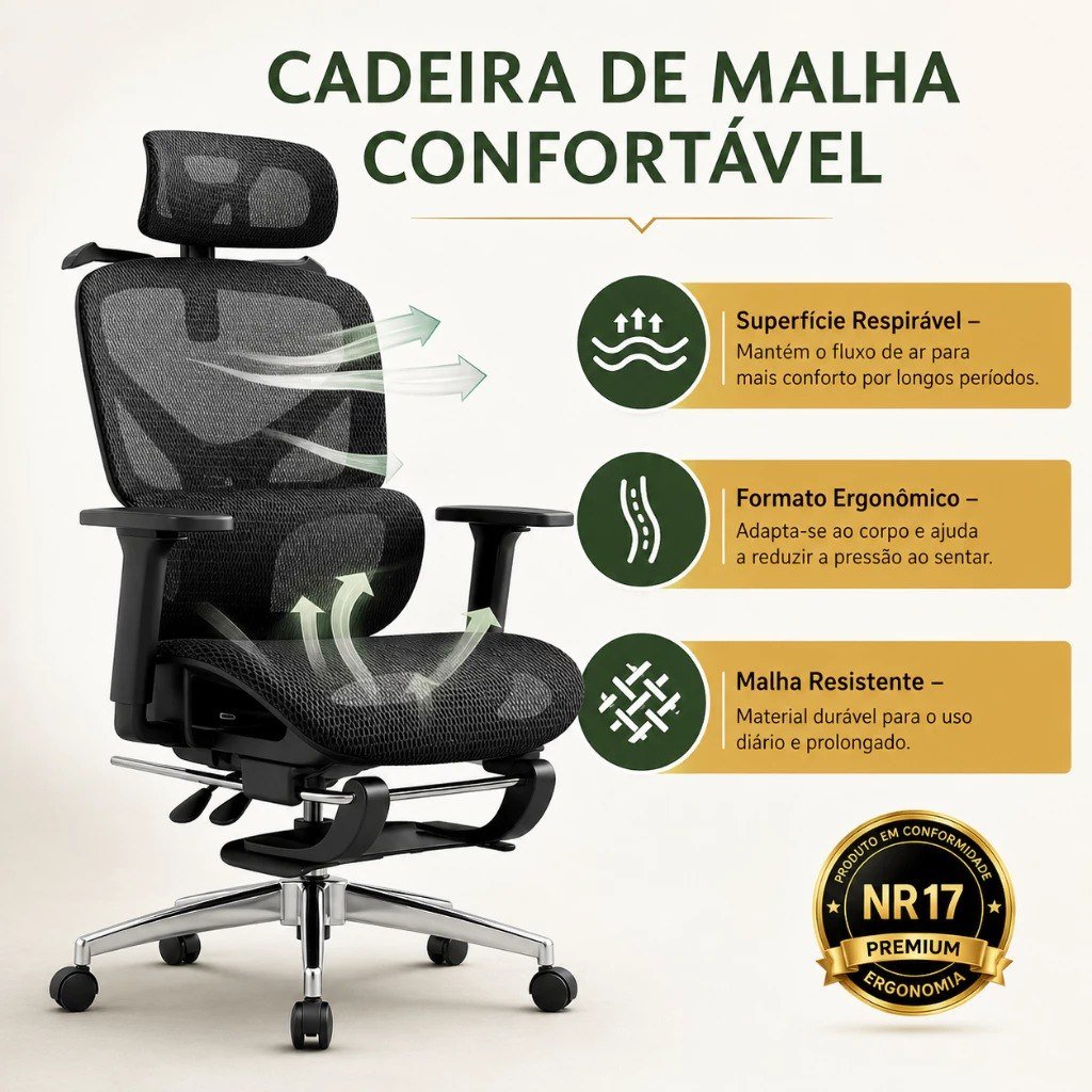 Cadeira de Escritório Ergonômica Reforçada Malha Respirável Ajustes Para Braços, Cabeça, Lombar e Apoio Pés - LARUNO 🛒