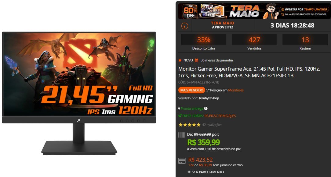 Monitor Gamer SuperFrame Ace 21.45" Full HD IPS 120Hz 1ms 🛒