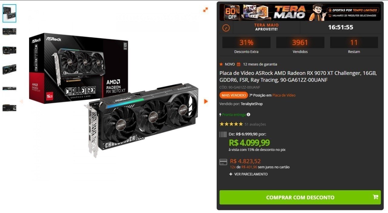 Placa de Vídeo ASRock AMD Radeon RX 9070 XT Challenger, 16GB, GDDR6, FSR, Ray Tracing 🛒