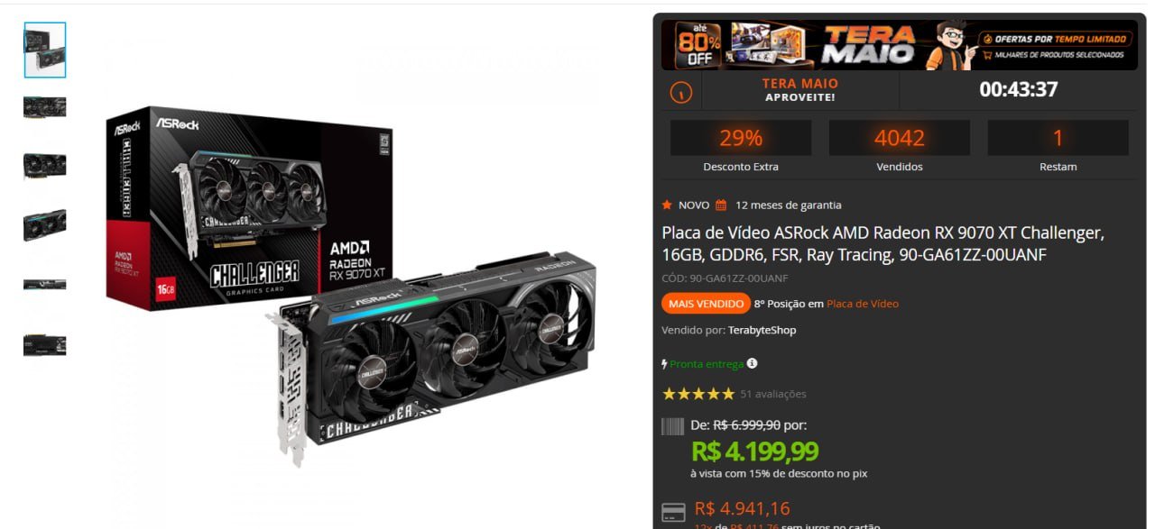 Placa de Vídeo ASRock AMD Radeon RX 9070 XT Challenger 🛒