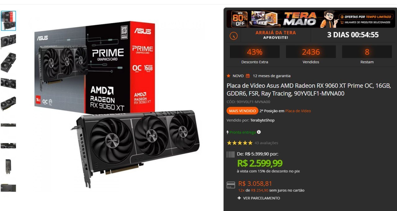 Placa de Vídeo Asus AMD Radeon RX 9060 XT Prime OC, 16GB, GDDR6, FSR, Ray Tracing, 90YV0LF1-MVNA00 🛒
