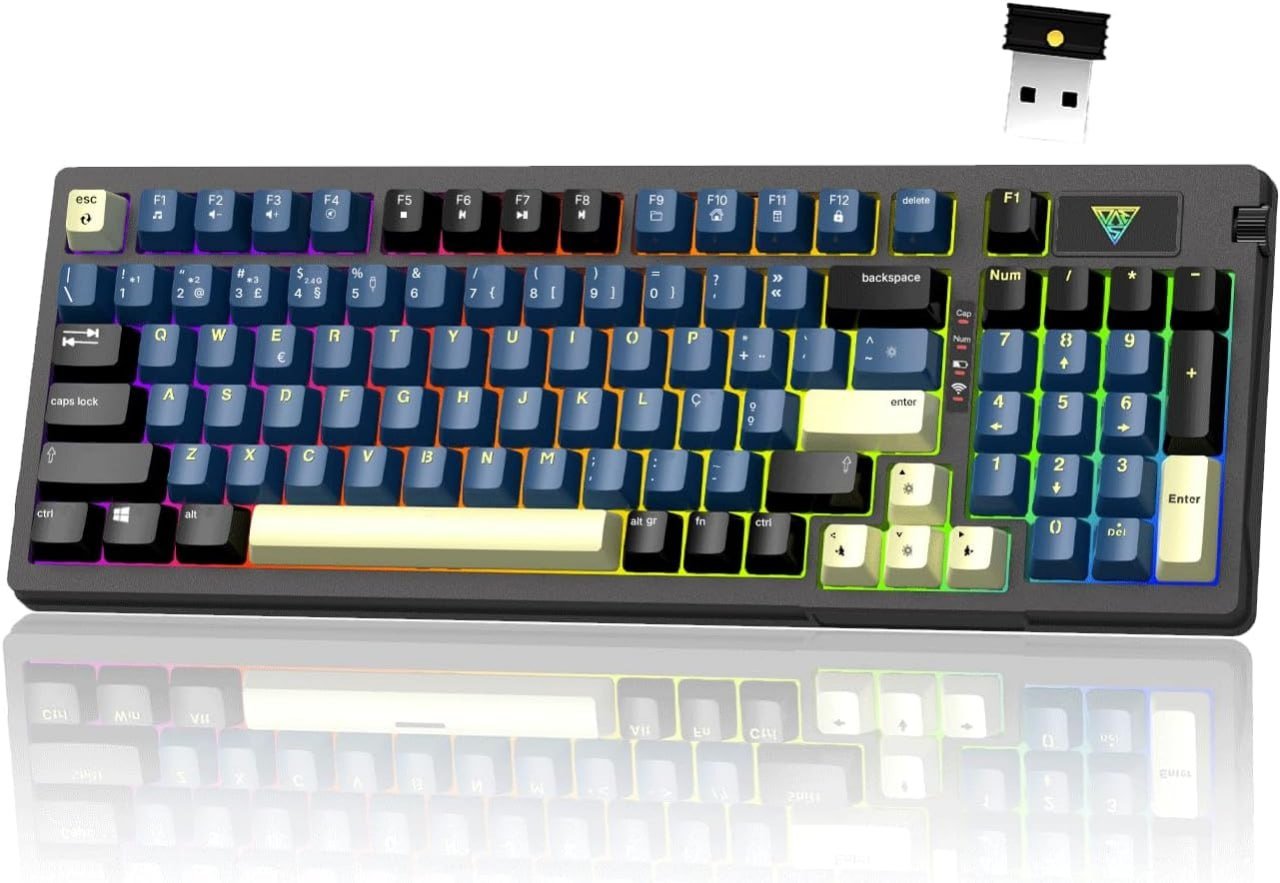 Hivento Teclado Mecânico 2.4GHz/USB-C/BT5.0 Retroiluminação RGB Teclado Sem Fio Hot-Swappable 🛒