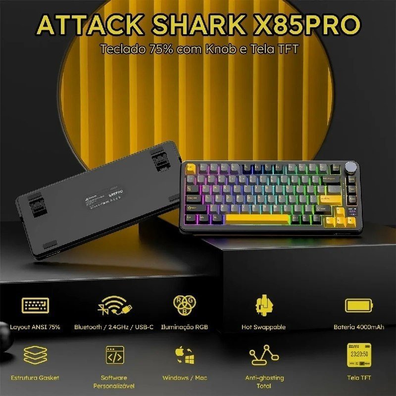 Teclado Mecânico Sem Fio Attack Shark X85pro 75% Tela Tft ⌨️