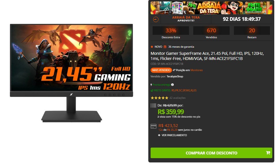 Monitor Gamer SuperFrame Ace, 21.45 Pol, Full HD, IPS, 120Hz, 1ms, Flicker-Free, HDMI/VGA 🎮