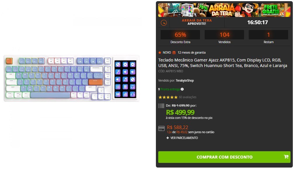 Teclado Mecânico Gamer Ajazz AKP815, Com Display LCD, RGB, USB, ANSI, 75%, Switch Huannuo Short Tea, Branco, Azul e Laranja 🖥️🎮
