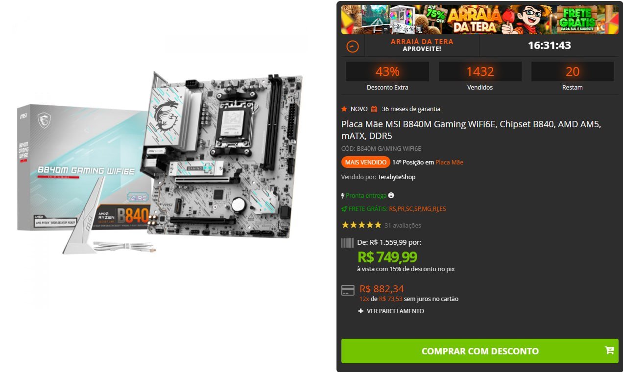 Placa Mãe MSI B840M Gaming WiFi6E, Chipset B840, AMD AM5, mATX, DDR5 🛒
