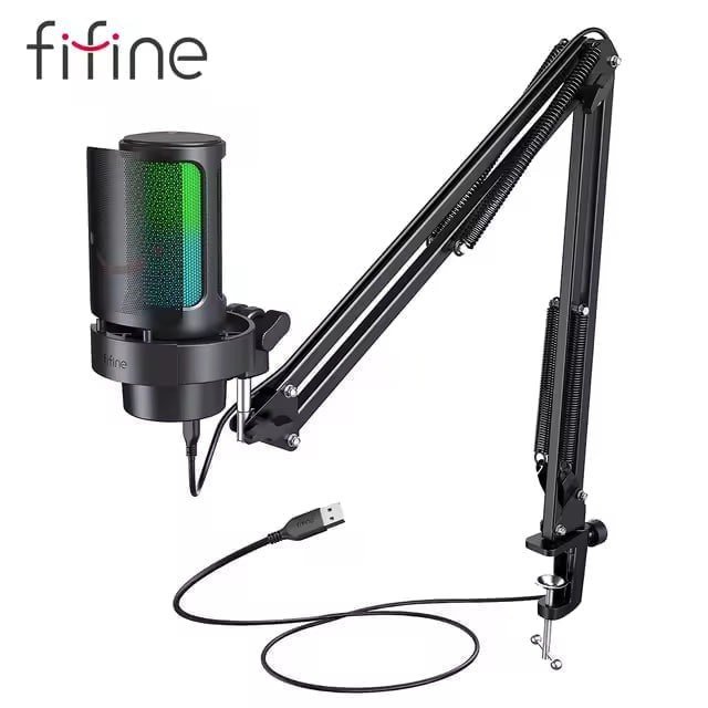 Microfone Condensador Gamer Fifine, RGB, Cardióide, USB Tipo-C, Preto - A8T 🛒