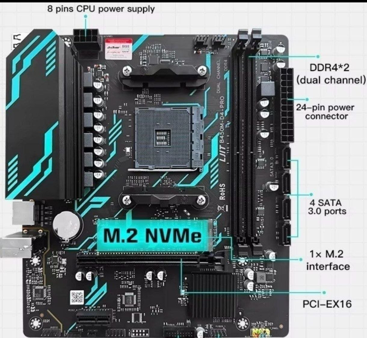 B450m D4 PRO Jieshuo Placa Mãe AM4 DDR4 Black 🖥️