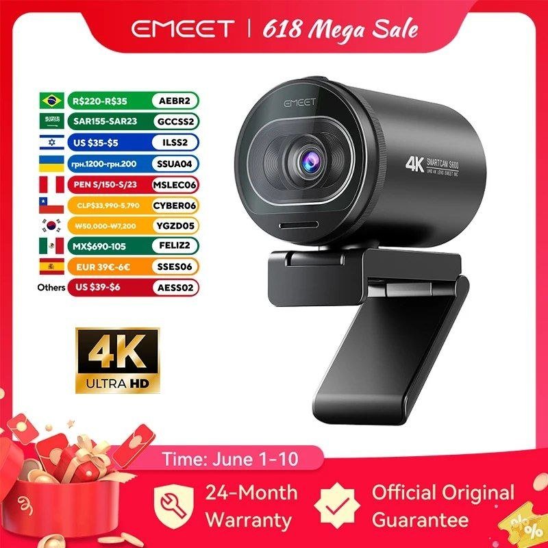 Webcam 4K para Streaming, Câmera USB 1080P 60FPS EMEET S600 com Foco Automático e Microfones para TikTok/YouTube 🛒