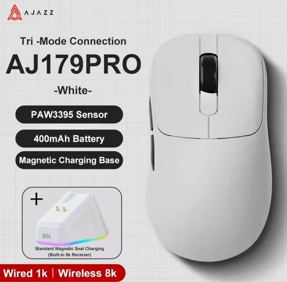 Mouse Gamer Sem Fio AJAZZ AJ179 PRO PAW3395 + DOCK de Carregamento RGB, 26000DPI TRI-mode 🖱️✨