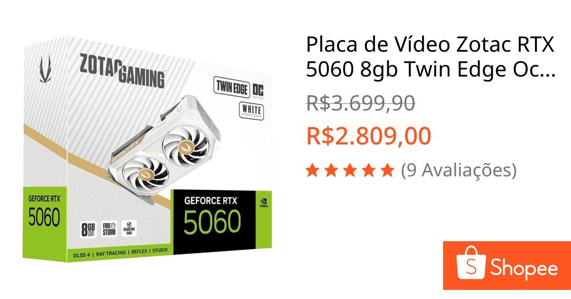 Placa de Vídeo Zotac RTX 5060 8gb Twin Edge Oc White 🛒