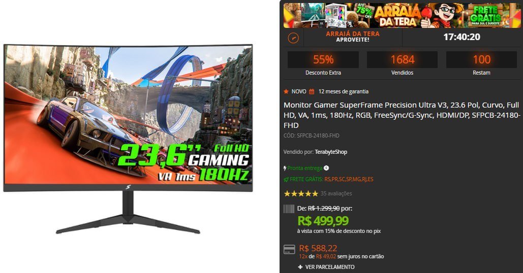 Monitor Gamer SuperFrame Precision Ultra V3, 23.6 Pol, Curvo, Full HD, VA, 1ms, 180Hz 🖥️🎮