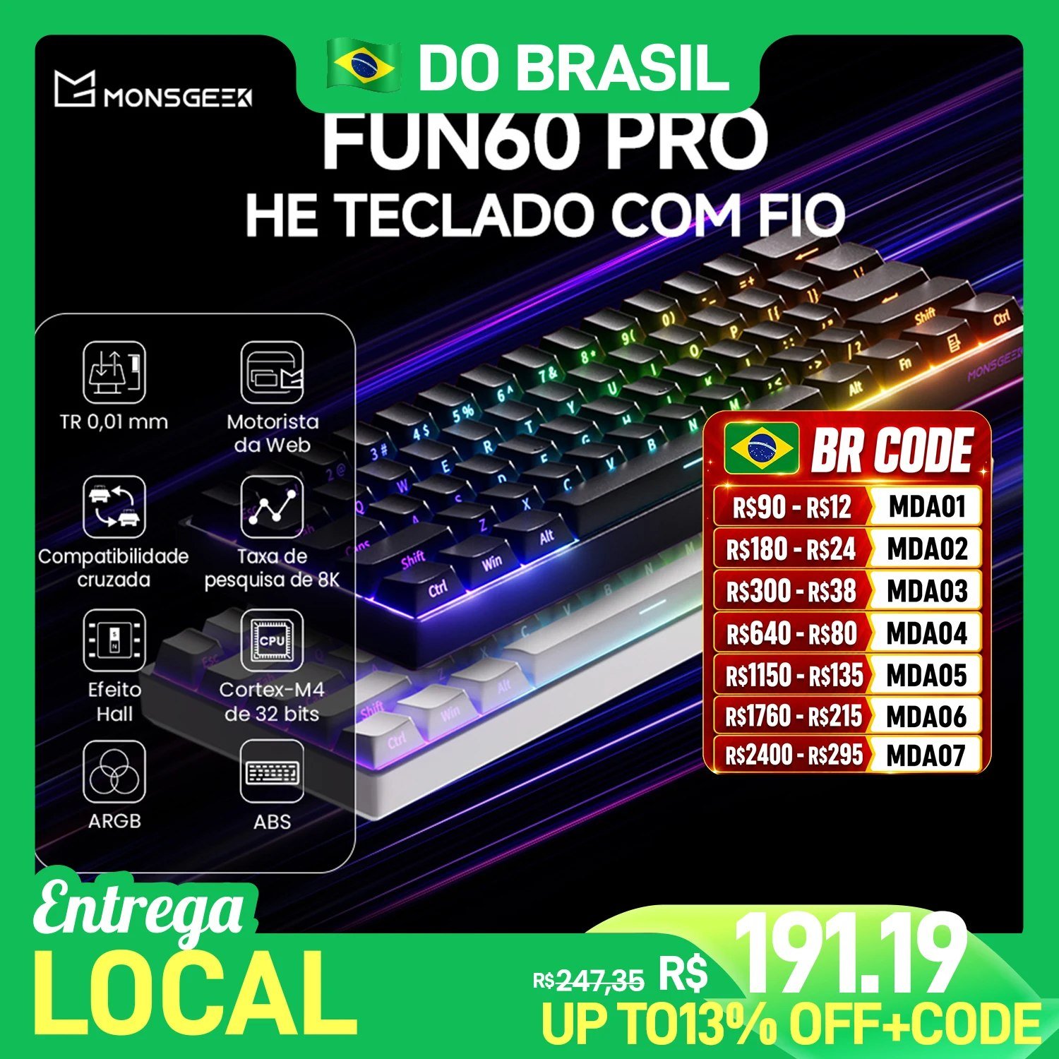 Teclado Magnético Akko Fun60 Pro HE, RGB, 8000Hz, Gatilho rápido 0.001