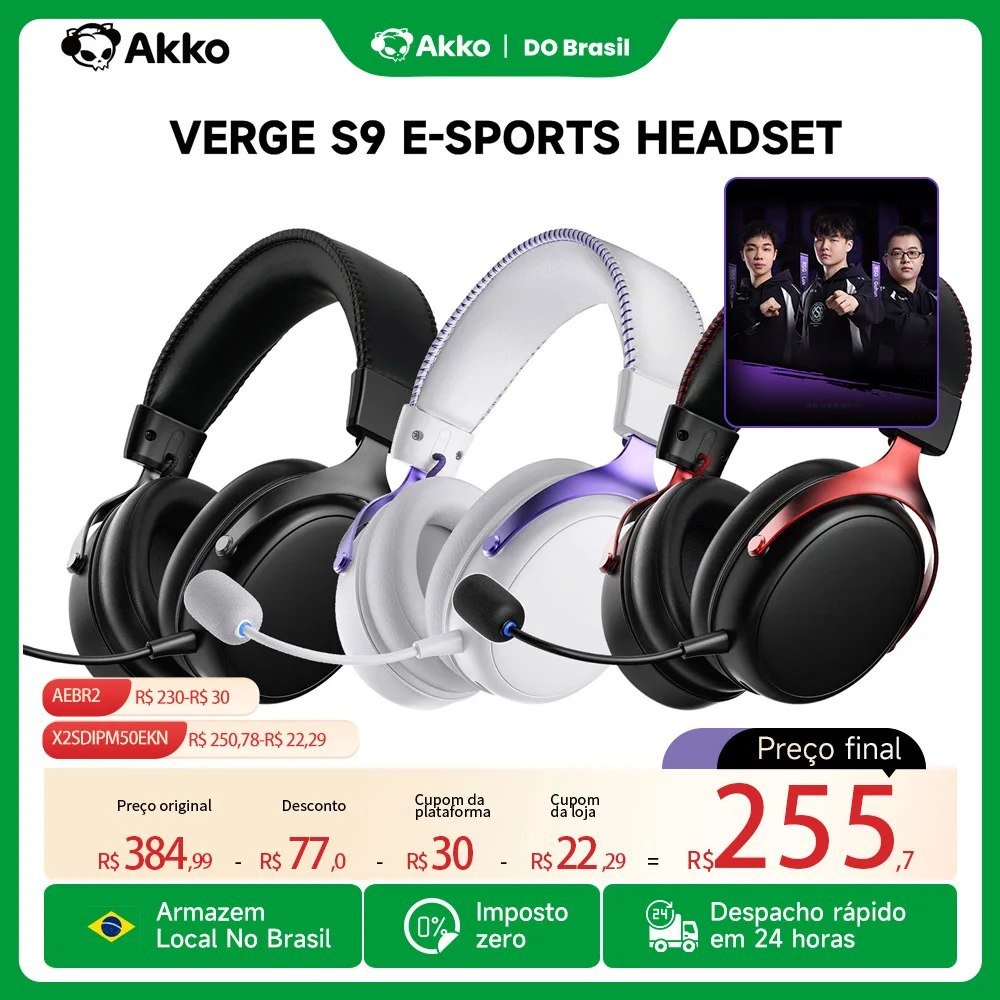 AKKO Verge S9 Ultra Headset Gamer Sem Fio Bluetooth 5.4/2.4GHz USB-C Quad-Mode Som Surround 7.1 Drivers 53mm Baixa Latência Bateria 250h