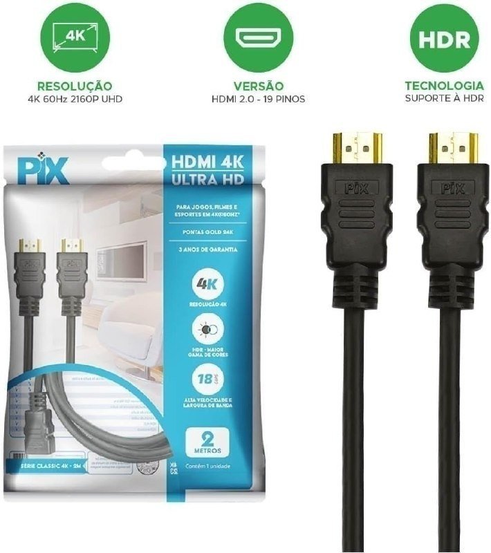 PIX Cabo Hdmi 2.0 4K Hdr 19P 2M Pix Gold Preto 🛒