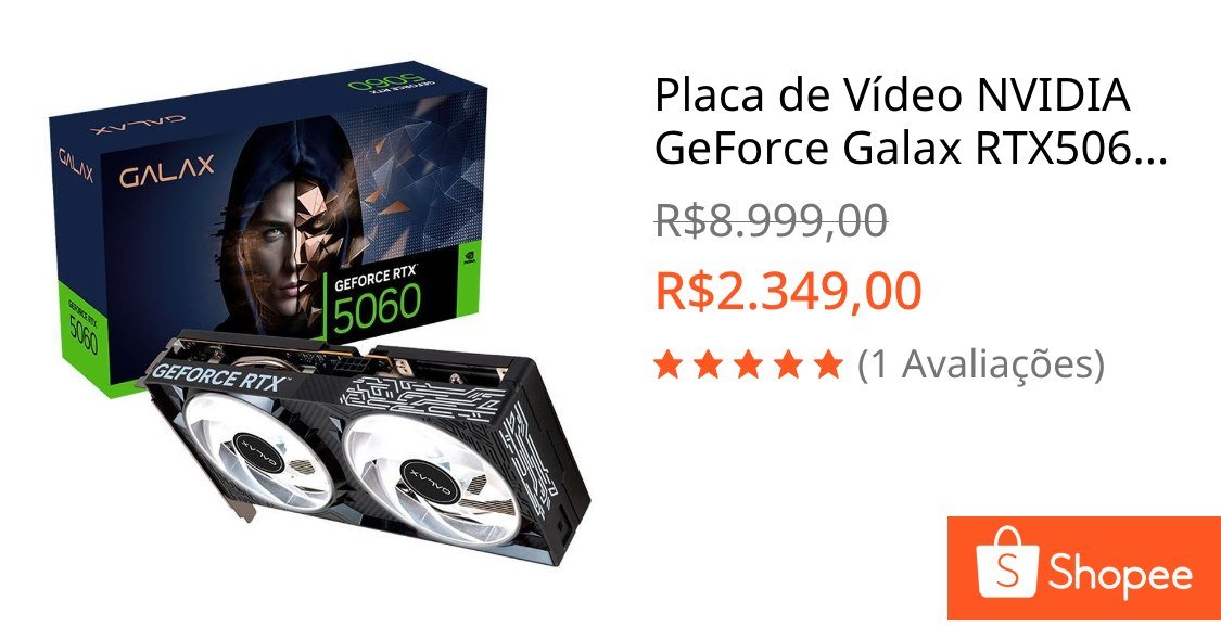 Placa de Vídeo NVIDIA GeForce Galax RTX5060 1 Click OC 2X 8GB - 128 Bits - HDMI/3X Displayport