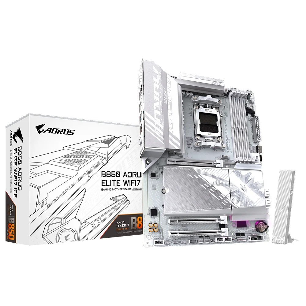 Placa Mãe Gigabyte B850 AORUS ELITE WIFI7 ICE, AMD AM5, ATX, DDR5, RGB, Wi-Fi 7, Bluetooth, Branca