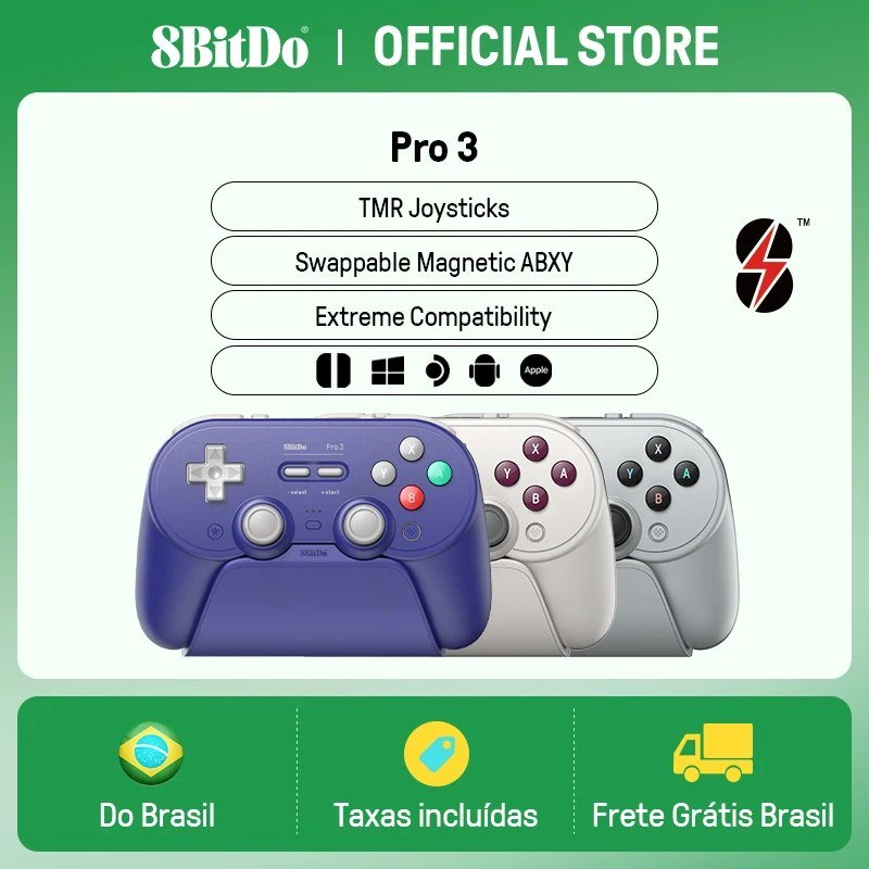 Controlador de jogos sem fio 8BitDo Pro 3 para Switch 1/2 Windows, Apple, com joysticks TMR, gatilhos comutáveis, botão intercambiável