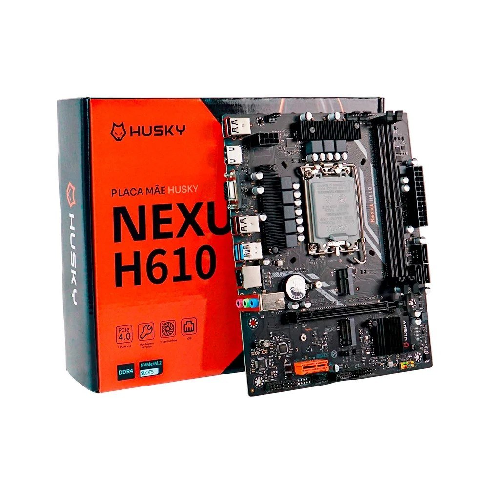 😱 Placa-Mãe Husky Nexus H610, LGA 1700, 12ª/13ª Gen, M.2 NVMe/SATA, DDR4 3200MHz, Micro-ATX, HDMI/VGA - HPM610