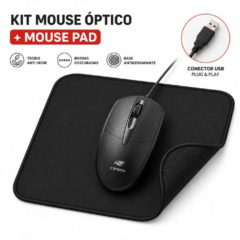😱 Kit Mouse e Mouse Pad - Mouse Com Fio USB - Mouse Pad 20x18 Borda Costurada Reforçado Emborrachado