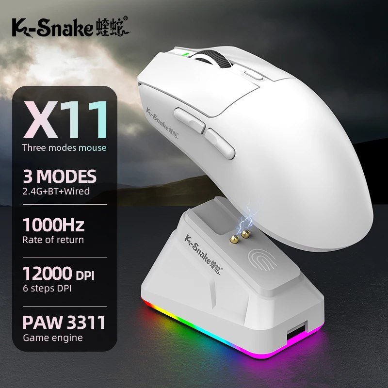 😱 Mouse Sem Fio K-Snake x11 Com Dock PAW3311, 22000DPI, Trimode, 1000hz, 63g, ksnake