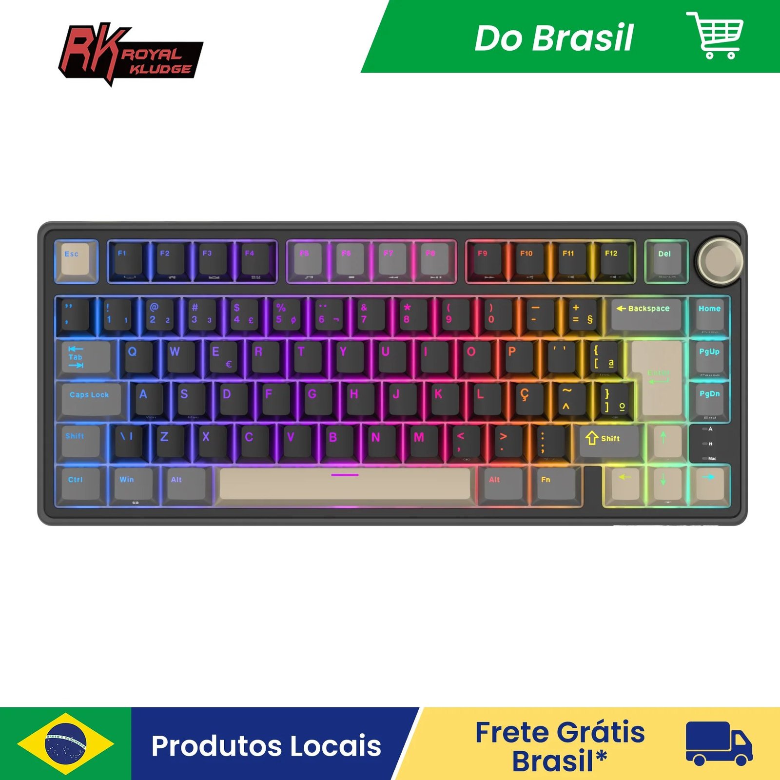 😱 Teclado mecânico Royal Kludge RKR75, layout 75%, ABNT2, RGB retroiluminado, Hot Swap, com Knob