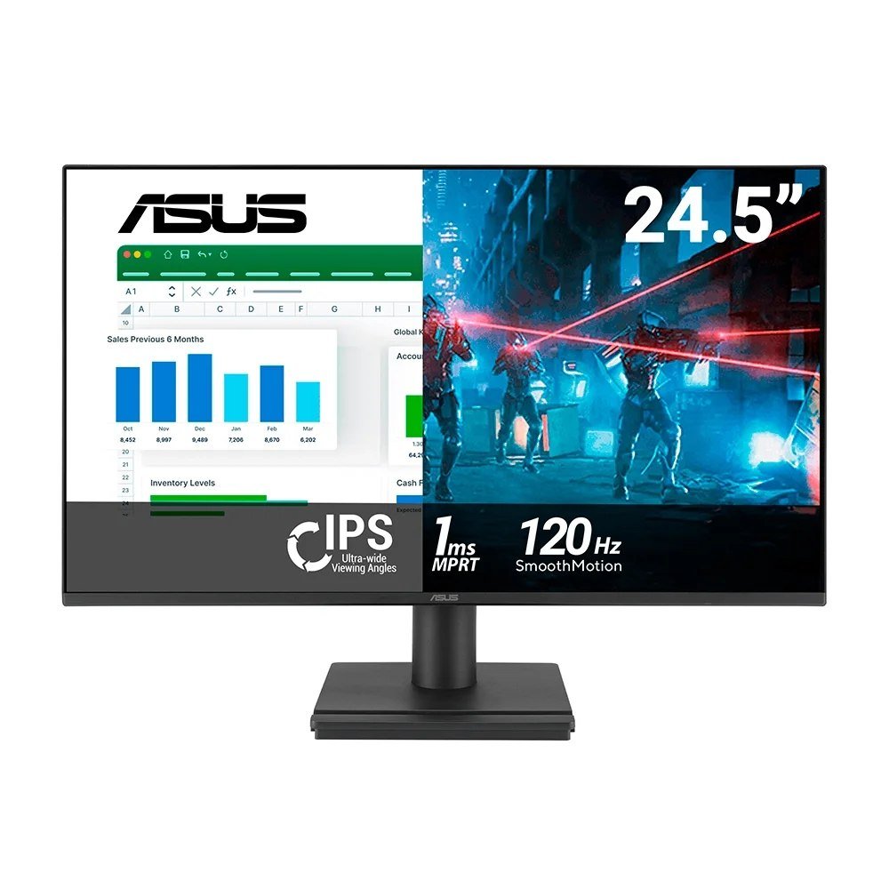 😱 Monitor Gamer ASUS 24.5", Full HD, 120Hz, 1ms, IPS, Adaptive-Sync, HDMI e VGA, Som Integrado