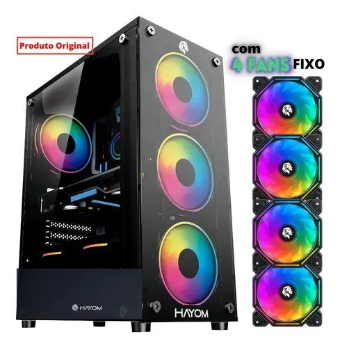 😱 Gabinete Gamer Mid Tower Hayom Vidro Temperado 4 Fans Rgb Preto