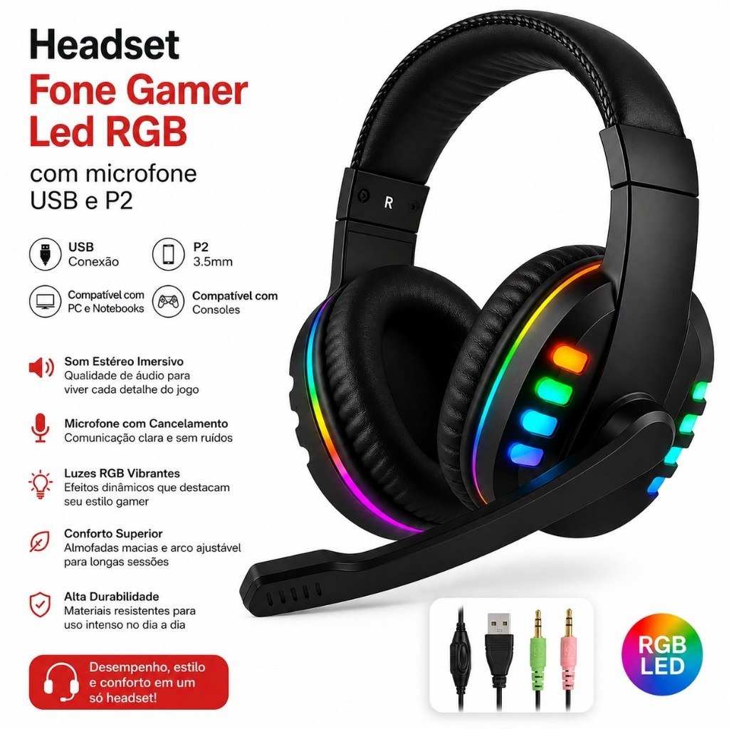 😱 Headset Fone Gamer Led RGB com microfone USB e P2 Para PC Computador Headphone Videogame