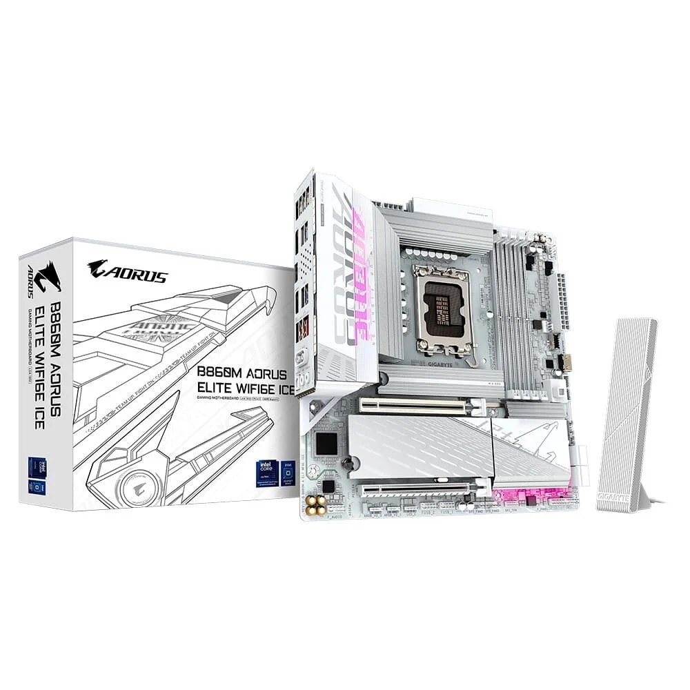 😱 Placa Mãe Gigabyte B860M AORUS ELITE WIFI6E ICE, Intel, Micro ATX, DDR5, Wi-Fi 6E, Bluetooth, Branca
