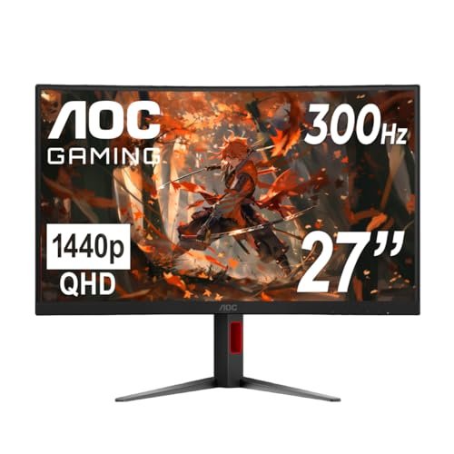 😱 AOC CQ27G4ZH Monitor de 27" Curvo para Jogos, QHD 2K 2560x1440, 1500R VA, 300Hz 0,3ms, HDMI x2, DP x1, Suporte com Altura Ajustável, Compatível com Xbox PS5 Switch, 3 Anos Sem Pontos Luminosos