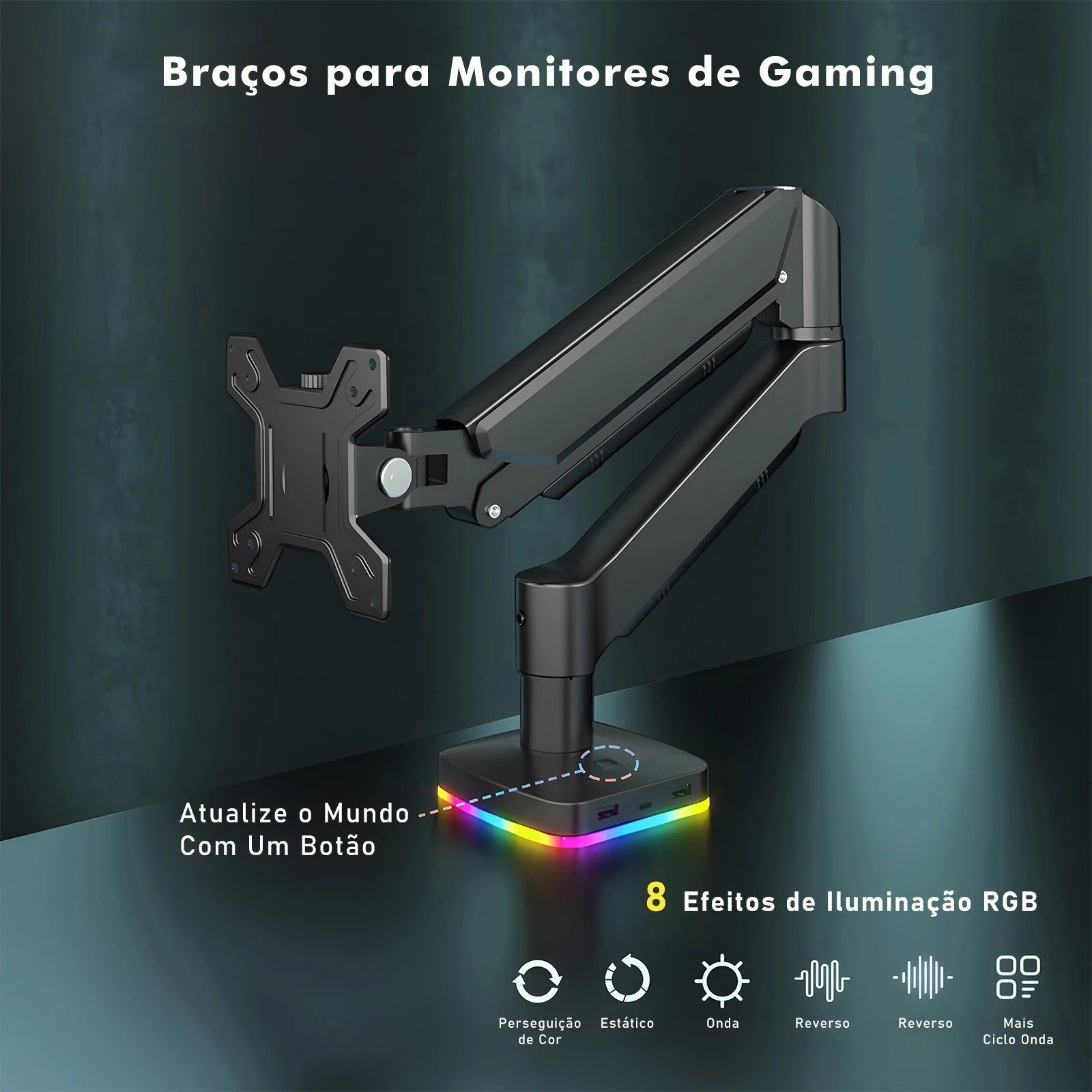 😱 Suporte Articulado para monitor com RGB, 2 entradas USB-A, 1 entrada USB-C