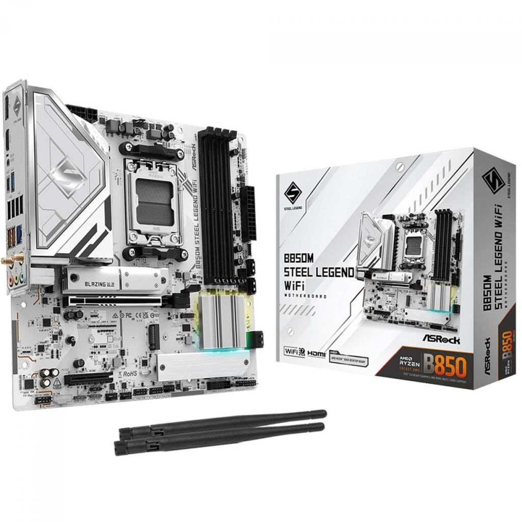 😱 Placa Mãe ASRock B850M Steel Legend WiFi, Chipset B850, AMD AM5, mATX, DDR5, Branco