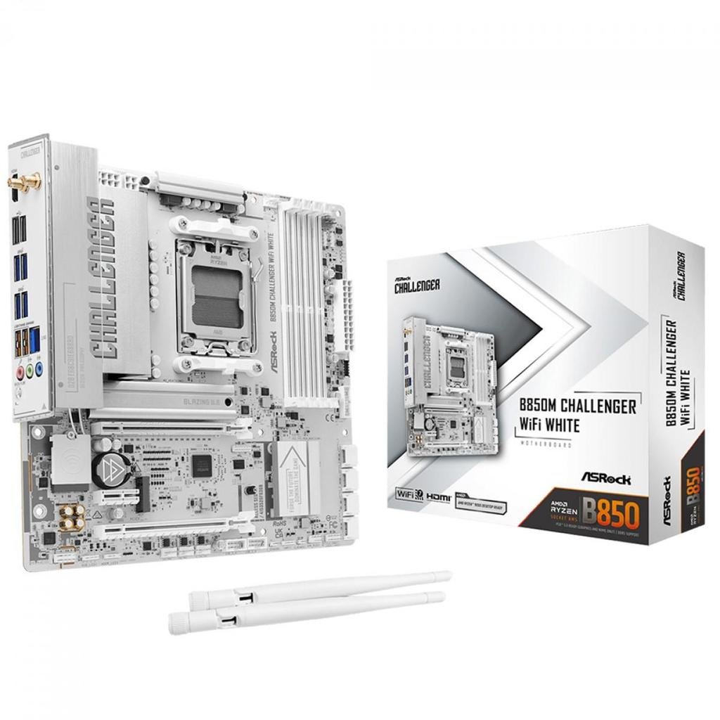 😱 Placa Mãe ASRock B850M Challenger WiFi White, Chipset B850, AMD AM5, mATX, DDR5, Branco