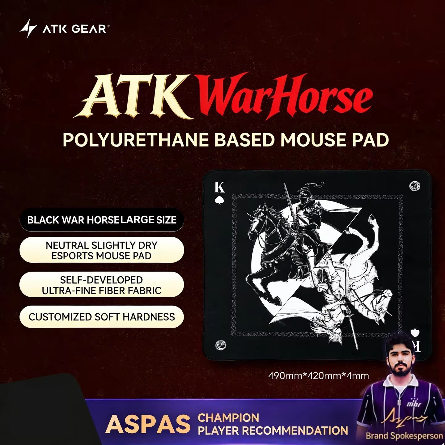 😱 Mousepad ATK War Horse 490x420x4mm, PRETO