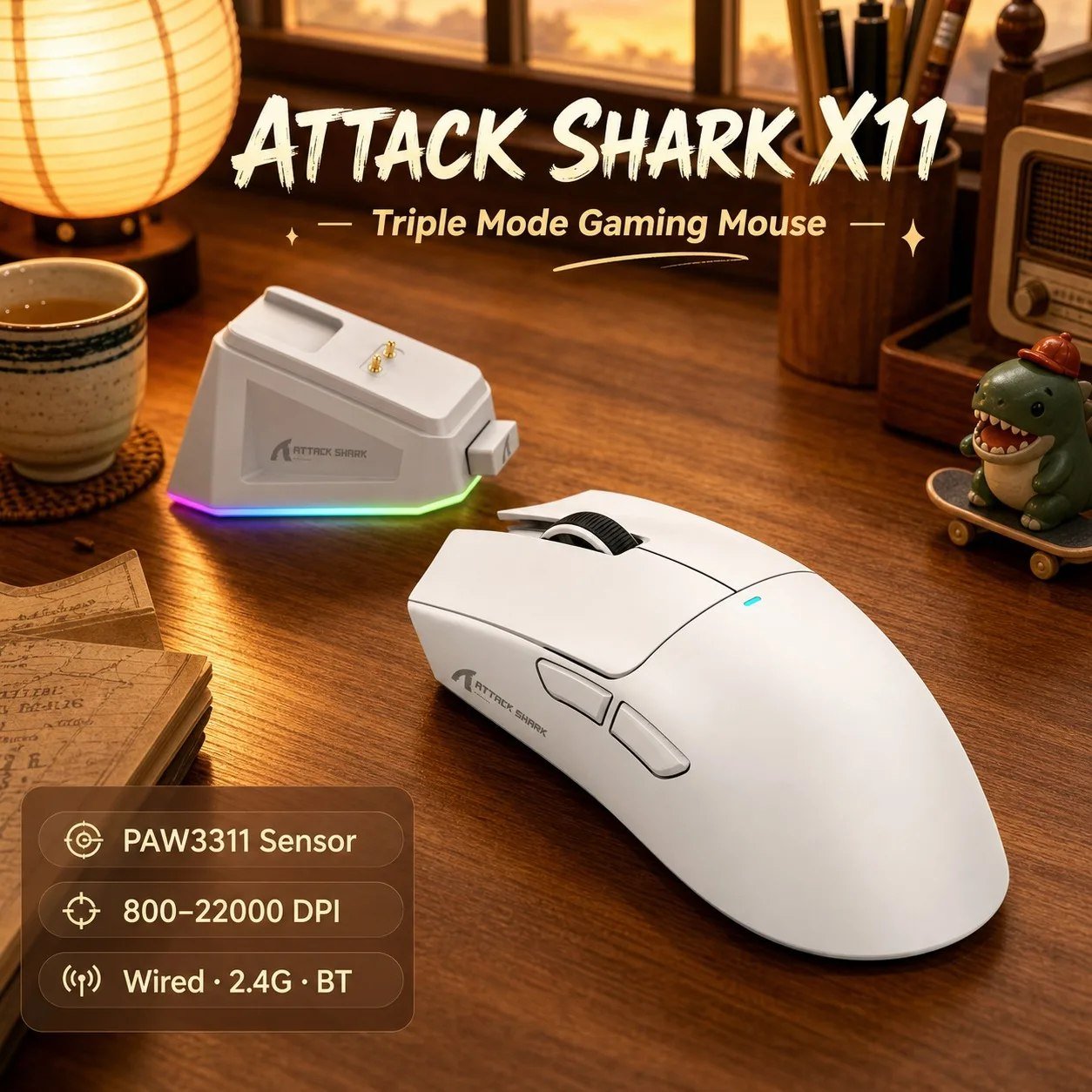 😱 Mouse Sem Fio com Dock Attack Shark X11, Sensor PAW3311