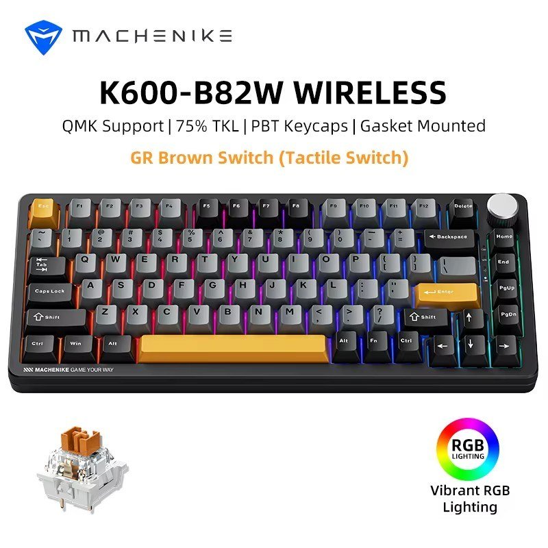 😱 Teclado Mecanico Sem Fio Machenike K600-B82W, RGB, Teclas PBT, Tri-mode