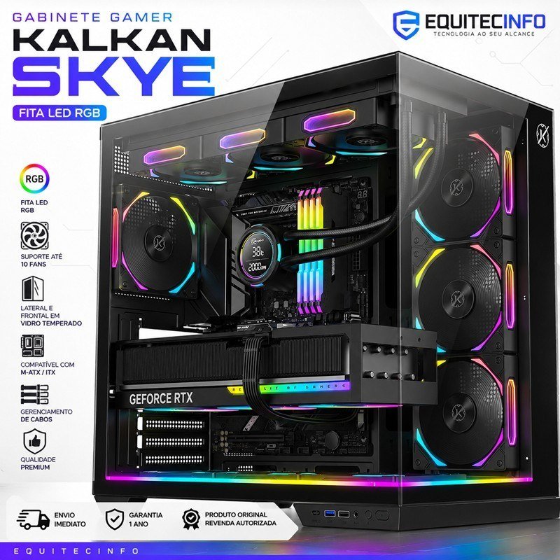 😱 Gabinete Gamer Kalkan Skye RGB Aquário ATX Vidro Temperado Dual Chamber Water Cooler 360mm USB 3.0 Preto KLK00042