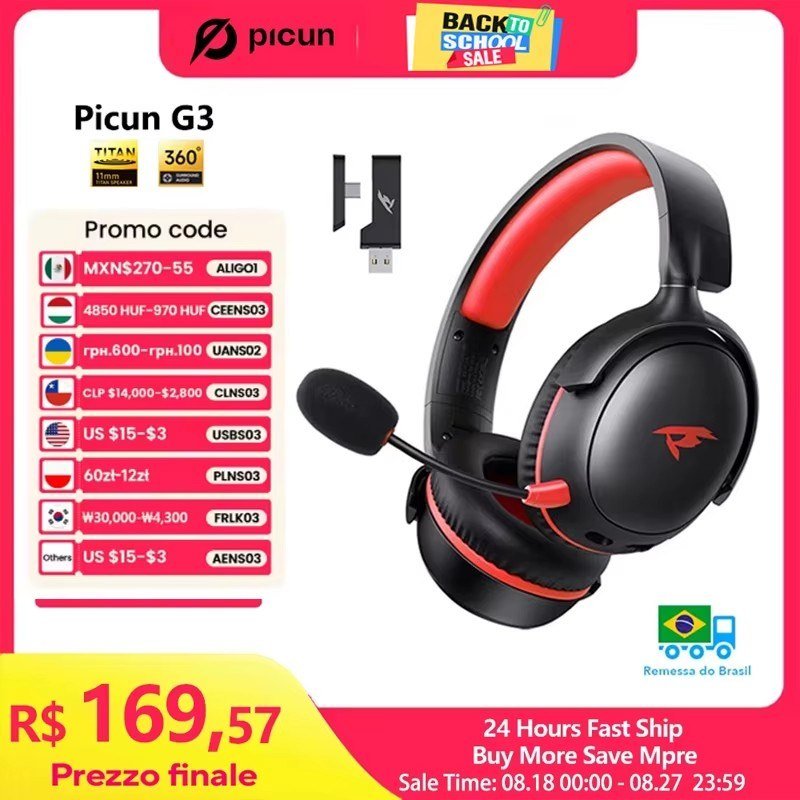 😱 Headset Sem Fio 2.4GHz Picun-G3 Baixa Latência, Áudio Espacial 3D, Enc Mic