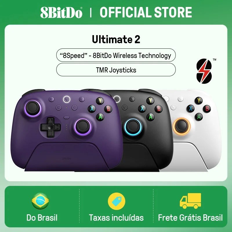 😱 Controle 8BitDo Sem Fio Ultimate 2 TMR + base de carregamento (Branco, Roxo ou Preto)