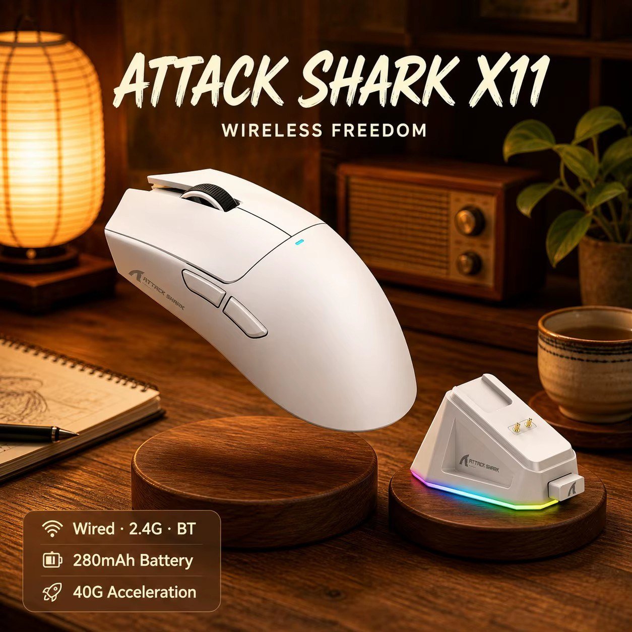 😱 Mouse Sem Fio com Dock Attack Shark X11, Sensor Paw3311