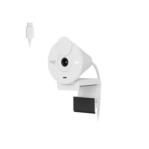 😱 Webcam Full HD Logitech Brio 300 com Microfone com Redução de Ruído, Proteção de Privacidade, Correção Automática de Luz e Conexão USB-C- Branco
