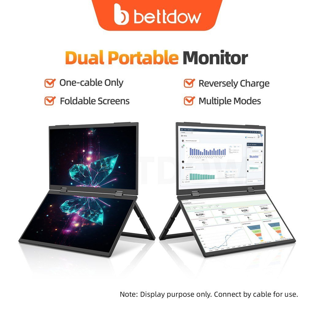 😱 BETTDOW Monitor De Tela Dupla De 15.4 Polegadas Dobrável 315 Graus Portátil 16 : 9 IPS FHD Display Com Suporte