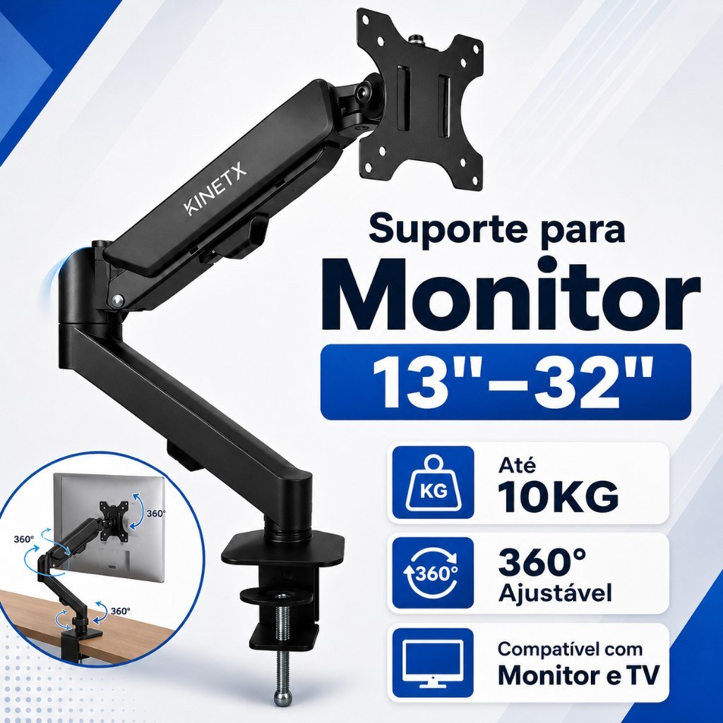 😱 Suporte Articulado para Monitor e TV 13" a 32" com Pistão a Gás Ajustável Universal Preto
