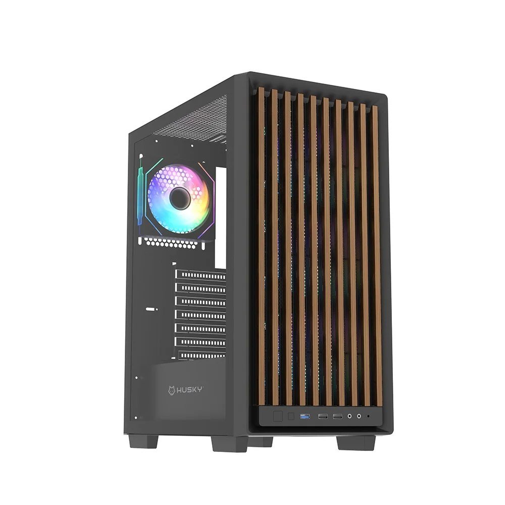 😱 Gabinete Gamer Husky Dome 600 Mid Tower Atx Lateral Em Vidro Frontal Em Madeira Ripada Com 4 Fans Argb Preto Hgn600Pt