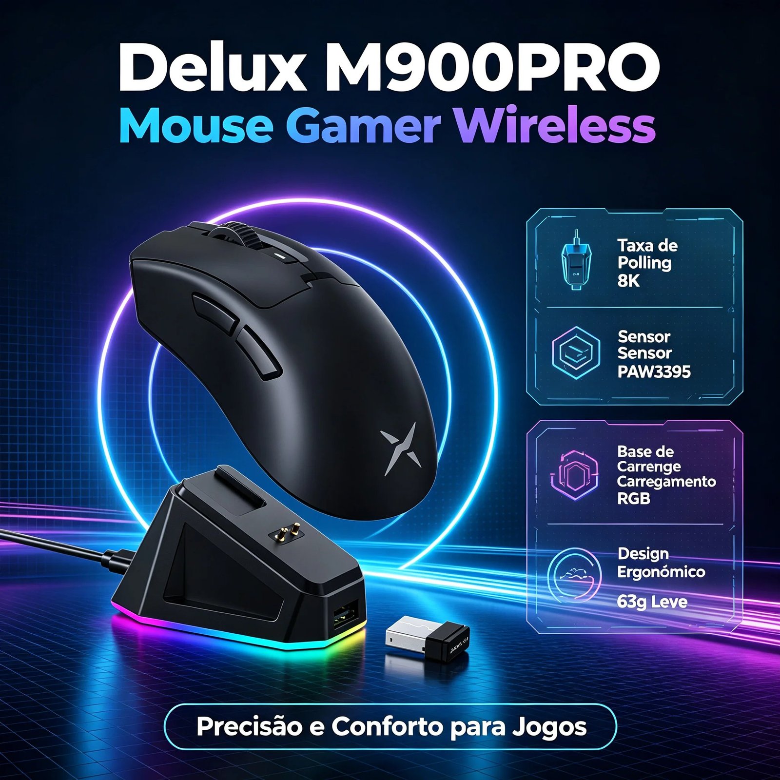 😱 Mouse Delux M900 Pro, Paw3395, 8KHz, com Dock de Carregamento