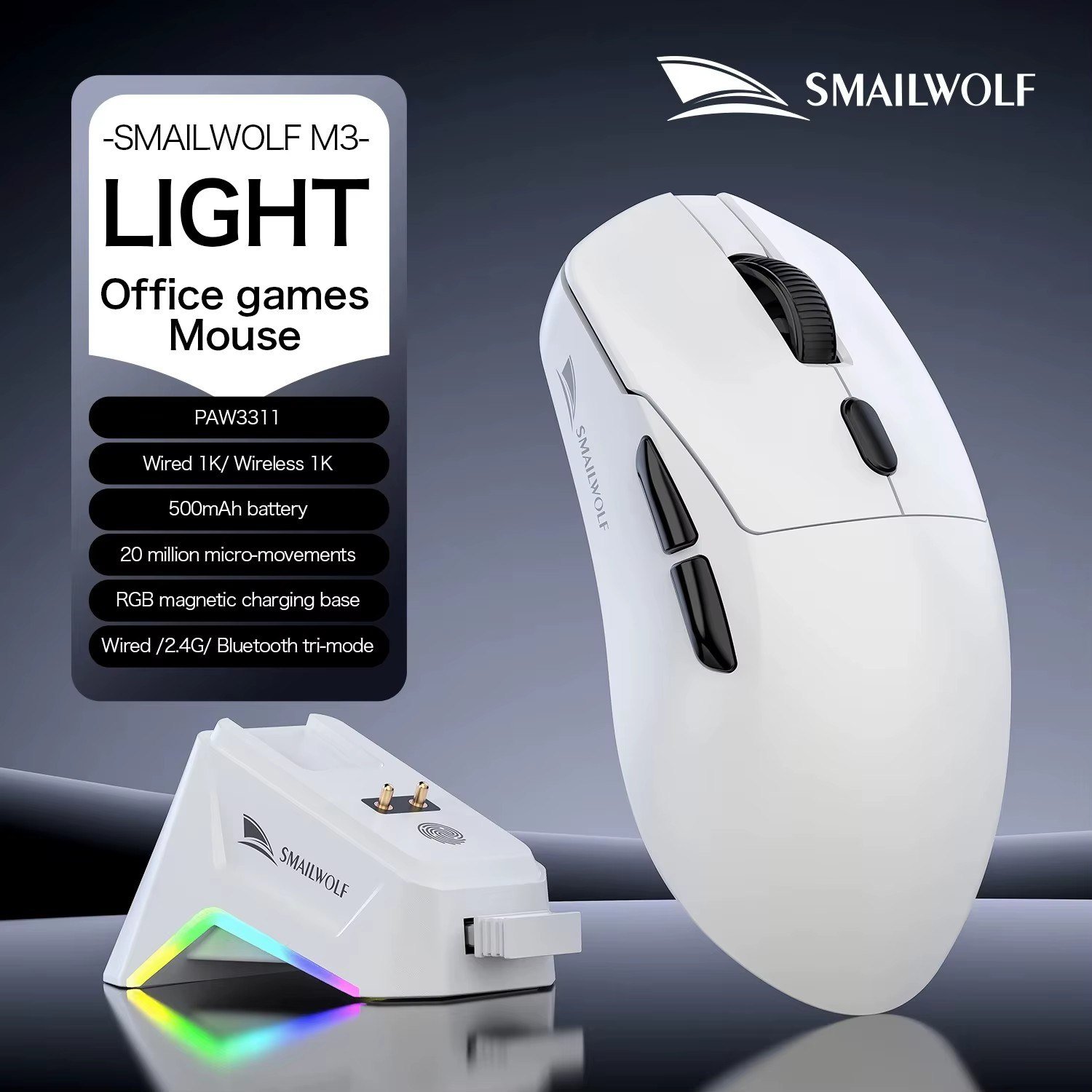 😱 Mouse Smailwolf M3, Sensor Paw3311 Tri-Mode, 12000 Dpi, 1000Hz (Branco)